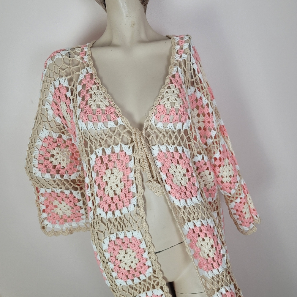POL Kauai Crochet Long Tie Cardigan In Blush Beige Size Medium Granny Squares - Picture 10 of 14